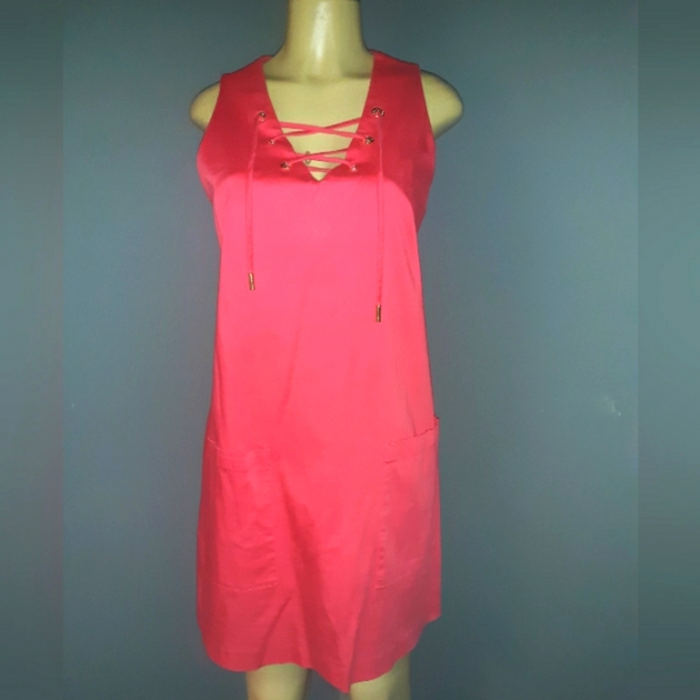 Calvin Klein Coral Pink Lace-Up Sleeveless Shift Dress